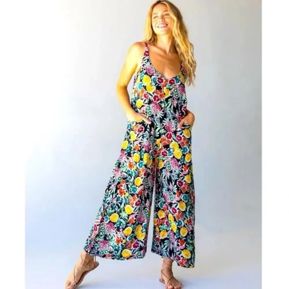 Natural Life Womens XL Floral Jumpsuit Colorful Boho Wide Leg Pockets Artsy